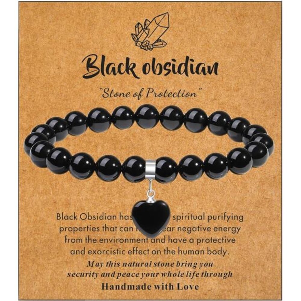 Healing Crystal Bracelet - 8mm Gemstone Beads with Love Heart Charm Perfect Gift